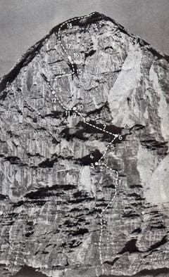 Die Route der Erstbesteigung der 1800 Meter hohen Eigernordwand im Berner Oberland. (Bild: Keystone/ Photopress-Archiv/ Str)