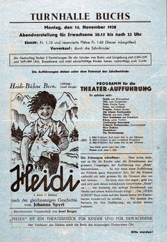Flugblatt für die Aufführung von «Heidi» 1938 in der Turnhalle.