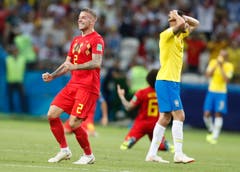 Des Einen Freud, des Andern Leid: Belgiens Toby Alderweireld (links) und Brasiliens Thiago Silva zeigen ihre Emotionen nach dem Schlusspfiff. (AP Photo/Frank Augstein, Kazan, 6. Juli 2018)