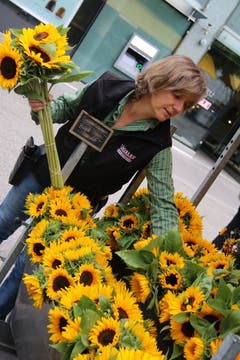 Die Blumenfrau des Bauernmarkts: Anita Troxler vom Schlossguet in Untereggen sortiert Sonnenblumen.