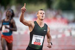 Balazs Baji (Ungarn) siegt in 13,35 Sekunden über 110 Meter Hürden. (Bild: Urs Flüeler / Keystone (Luzern, 9. Juli 2018))