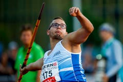 Bruno Schürch vom LC Zürich wird beim Speerwerfen Siebter. Sein Speer fliegt auf 68.08 Meter. (Bild: Urs Flüeler / Keystone (Luzern, 9. Juli 2018))