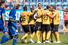 Die YB Spieler mit Torschütze Guillaume Hoarau (Mitte) feiern das 0:1 für YB. (Bild: Keystone/Urs Flüeler)