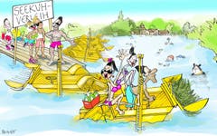 Eine neue Einnahmequelle! In der Stadtkasse herrscht Ebbe, in der Frauenbadi breitet sich Seegras aus. Warum nicht die Probleme auf einen Schlag lösen: Der schwimmende Rasenmäher, der das Seegras bekämpft, liesse sich doch - wie andernorts Pedalos - an Badegäste vermieten. Der «Seekuh»-Verleih schwemmt nicht nur Geld in die Kasse, die Mäharbeit würde gleich auch noch von den Badegästen erledigt. (Illustration: Corinne Bromundt - 11. August 2018)