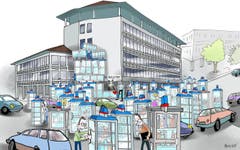 Die neue Mega-Bibliothek. Stadt und Kanton prüfen das Union-Gebäude als Standort für die neue Grossbibliothek. Für das Projekt sollte man unbedingt die Swisscom ins Boot holen. Diese stellt derzeit viele ihrer Telefonzellen ausser Betrieb. In drei St.Galler Stadtquartieren sind in den alten Zellen Minibibliotheken entstanden. Das geht bestimmt auch grösser... (Illustration: Corinne Bromundt - 14. Juli 2018)