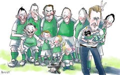 Grün-weisser Jungbrunnen. Der FC St.Gallen ist in Shoppinglaune. Elf Neuzuzüge hat Sportchef Alain Sutter diesen Sommer in die Ostschweiz geholt. Und nur einer der Neuen ist älter als 24 Jahre. Die Espen setzen in dieser Saison offensichtlich auf eine radikale Verjüngungskur. Wenn das so weiter geht, muss Sutter seine Spieler schon bald schöppelen. (Illustration: Corinne Bromundt - 21. Juli 2018)