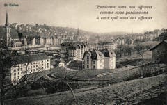 Die Ruckhaldekurve auf einer Ansichtskarte mit Sinnspruch aus den 1920er-Jahren. (Bild: Stadtarchiv Ortsbürgergemeinde St.Gallen)