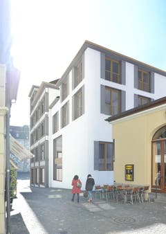 Der Neubau aus Richtung Sternenplatz, links die Hans-Holbein-Gasse, rechts der Stadtkeller. (Visualisierung)