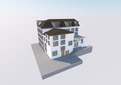 Das geplante neue Gebäude mit Aussenterrasse. Der Eingang zu den Wohnungen wird auf dieser Seite liegen. (Visualisierung)
