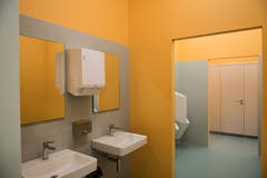 Die farbenfrohen Toiletten. (Bild: Roger Grütter, 27. August 2018)