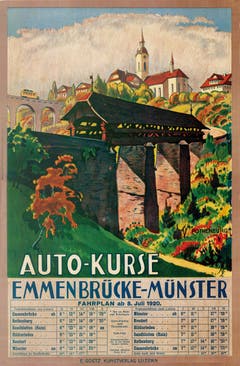 Plakat Auto-Kurse mit Fahrplan aus dem Jahr 1920.