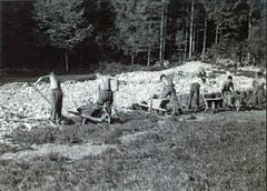 Die im Arbeitslager Lienz-Sennwald eingesetzten Arbeitslosen räumten in harter Handarbeit den Schutt weg, der von einem schweren Unwetter im Frühsommer 1938 herrührte. (Bild: Staatsarchiv St. Gallen)