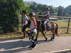 Ausflug im Reitlager Hanny-Fee: Lola, Dunia und Livia mit Pony Gina-Li. (Bild: Hanny Odermatt)