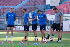 Wann gehts endlich los? Marvin Schulz, Simon Grether, Valeriane Gvilia, Christian Schneuwly und Trainer René Weiler beim Training.