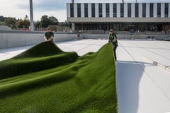 Schon am 28. September soll auf diesem Rasen das erste Spiel stattfinden: Ein sportliches Ziel, das nur bei schönem Wetter erreicht werden kann. (Bild: Nadia Schärli, Kriens, 10. September 2018)