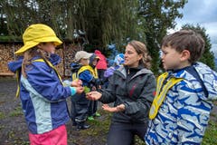 Bereits auf dem Weg in den Waldkindergarten werden die Kinder sanft an das Thema Herbst eingeführt. (Bild: Pius Amrein, Meggen, 24. September 2018)