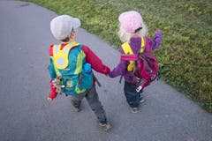 Der Weg führt die Kindergärtler zuerst über die Strasse, dann an Wiesen entlang bis zum Waldrand. (Bild: Pius Amrein, Rothenburg, 19. September 2018)