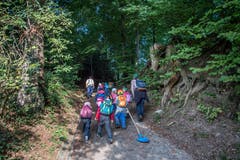Hier können sich die Kinder entscheiden, ob sie den steinigen, steilen Weg oder den gewöhnlichen Wanderweg nehmen möchten. (Bild: Pius Amrein, Rothenburg, 19. September 2018)