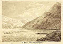 Blick von der Schifflände Trübbach gegen den Schollberg, im Vordergrund zwei Fährschiffe, gegenüber das Gestell des Fährseils, das über den Fluss gespannt ist. (Heinrich Schilbach 1818, Liechtensteinisches Landesmuseum). (Bild: Sven Beham)