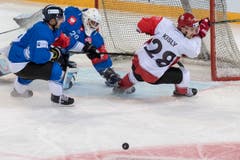 Der Zuger Torhüter Tobias Stephan (Mitte) und Artyom Kisly (rechts) von Grodno spähen dem Puck hinterher. (Bild: Keystone/Urs Flüeler (Zug, 8. September 2018)).