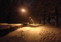 Kurz nach Mitternacht auf dem verschneiten Fussweg auf der Kreuzbleiche. (Bild: Reto Voneschen - 10. Januar 2019)