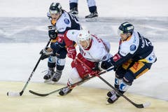 Ronalds Kenins, mitte, von Lausanne im Spiel gegen Yannick Zehnder, links, und David McIntyre, rechts, von Zug. (Bild: KEYSTONE/Urs Flueeler)