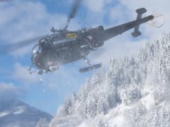 Hubschrauber der österreichischen Bundeswehr sind im Einsatz in Hall bei Admont in der Steiermark, um aus der Luft Unterstützung zu leisten und Schnee von den Bäumen zu entfernen. Im Fachjargon nennt sich das «Downwash». (Bild: KEYSTONE/APA/APA/OLIVER-JOHN PERRY)
