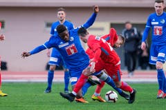 Tsiy William Nedenge im Dreikampf mit Adrian Stoian und Alexandru Stan. (Bild: Martin Meienberger (Coin Malaga, 17. Januar 2019))