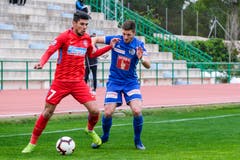Simon Grether (rechts) kämpft um den Ball gegen Florine Coman. (Bild: Martin Meienberger (Coin Malaga, 17. Januar 2019))