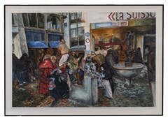 Sonja Schröter: Fasnachtstreiben. Gouache, Rahmen unter Glas.