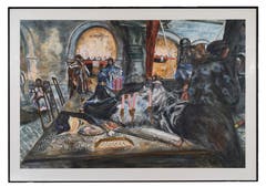 Sonja Schröter: Fasnachtstreiben. Gouache, Rahmen unter Glas.