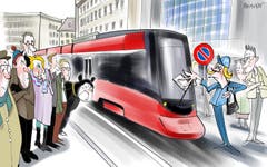 Parkieren verboten. Dreimal musste der «Tango»-Zug der Appenzeller Bahnen an den vergangenen beiden Wochenenden unfreiwillig am Bohl parkieren. Seit Donnerstag fahren die Züge zwar wieder. Sollten sie aber auch dieses Wochenende im Parkverbot stehen bleiben, müssten die Verkehrsangestellten zu drastischen Massnahmen greifen. (Illustration: Corinne Bromundt, 26. Januar 2019)