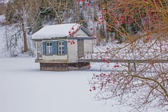Der Wenigerweiher im Winterkleid...und einem Farbtupfer. (Bild: Franziska Hörler)
