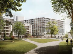 Blick vom Park auf das geplante neue Gebäude des Zürcher Unispitals USZ (rechts). Es ist Teil des Projekts ''Hochschulgebiet Zürich Zentrum'' (HGZZ). Dieses will Lehre, Forschung und medizinische Versorgung im Hochschulgebiet bündeln. (Bild: KEYSTONE/PONNIE IMAGES)