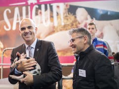 Souverän hält Bundesrat Alain Berset Säuli Manuela in den Armen. Das Ferkel wurde wegen seinen schwarz-weissen Flecken ausgewählt- den Farben von Bersets Heimatkanton Freiburg. (Bild: KEYSTONE/GIAN EHRENZELLER)