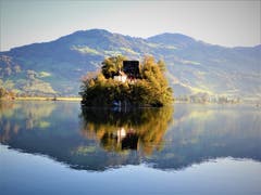 Herrlich, wie sich die Insel Schwanau im ruhigen Lauerzersee widerspiegelt. (Bild: Margrith Imhof-Röthlin, 12. Oktober 2019)