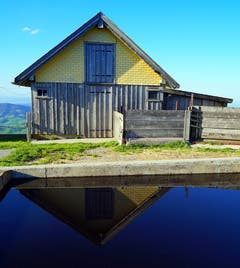 Ein Stall auf der Hochalp spiegelt sich in der Miststockgrube. (Bild: Thomas Ammann)