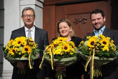 Sie vertreten den Kanton Uri in Bern (von links): Der wiedergewählte Ständerat Josef Dittli (FDP), die neu gewählte Ständerätin Heidi Z'graggen (CVP) und der neue Nationalrat Simon Stadler (CVP). (Bild: Urs Hanhart, Altdorf, 20. Oktober 2019)