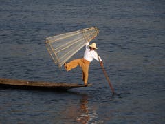 Mit Holzboot und Reuse auf Fischfang: Fischer auf dem Inle See in Myanmar. (Bild: Walter Odermatt)