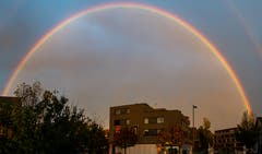 Ein ungemein kräftiger und vollständiger Regenbogen beim Sonnenuntergang. (Bild: Erich Würgler, Hagendorn, 3. November 2019)