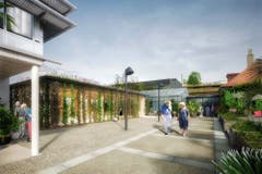 So soll sich schon im nächsten Sommer der neue Vortragsraum neben dem Tropenhaus präsentieren. Auf dem Dach und an den Fassaden soll es grünen und blühen. (Illustration: Stadt St.Gallen)
