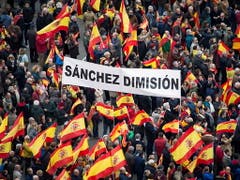 Am bislang grössten Protest in Spanien gegen die sozialdemokratische Regierung von Ministerpräsident Pedro Sanchez haben zehntausende Spanier am Sonntag in Madrid teilgenommen. (Bild: KEYSTONE/EPA EFE/LUCA PIERGIOVANNI)