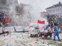 Zug vs. Auto oder An der Barriere stehen vs. Unsauberer Diesel – Viele Kinderwagen griffen aktuelle Themen auf. (Bild: Sascha Erni)