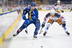 Davos' Dario Meyer, links, gegen Zugs Garrett Roe. (Bild: KEYSTONE/Gian Ehrenzeller)
