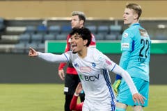 Krienser Konsternation schon in der 2. Minute: Lausannes Puertas jubelt nach dem 1:0. Bild: Pascal Müller/Freshfocus (Lausanne, 13. Februar 2019)