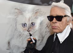 Karl Lagerfeld steht 2015 bei der Vernissage «Corsa Karl und Choupette» für seinen Fotokalender an einer Zeichnung seiner Birma-Katze. (Bild: Jens Kalaene / Keystone)