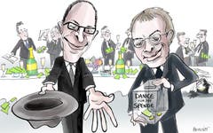 Das grosse HSG-Schlemmen am Spesentopf Die Universität St.Gallen will am Platztor für über 200 Millionen Franken einen neuen Campus bauen. Um beim Stimmvolk die hohle Hand für das Projekt zu machen, kommt die Spesenaffäre für Regierungsrat Marc Mächler und HSG-Rektor Thomas Bieger zum denkbar ungünstigsten Zeitpunkt. (Illustration: Corinne Bromundt, 22. Februar 2019)