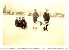Der Hund wurde vor den Schlitten gespannt, um auf dem zugefrorenen Sempachersee die Familie zu ziehen. Aufnahme von 1914 nahe des Seeufers. (Bild: Stadtarchiv Sempach)