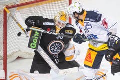 Auch Zugs Brian Flynn (rechts) versucht sein Glück gegen Luganos Goalie Elvis Merzlikins. (Bild: KEYSTONE/Ti-Press/Pablo Gianinazzi, Lugano, 1. März 2019)