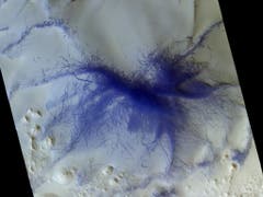 Die Grate und Striche auf dieser Aufnahme sind höchstwahrscheinlich Spuren von Staubteufeln. In der Originalfarbe wären sie dunkelrot, für bessere Sichtbarkeit wurden sie auf dem Bild blau eingefärbt. CaSSIS lichtete hier eine Gegend in der Terra Sabaea-Region ab. (Bild: ESA/Roskosmos/CaSSIS)